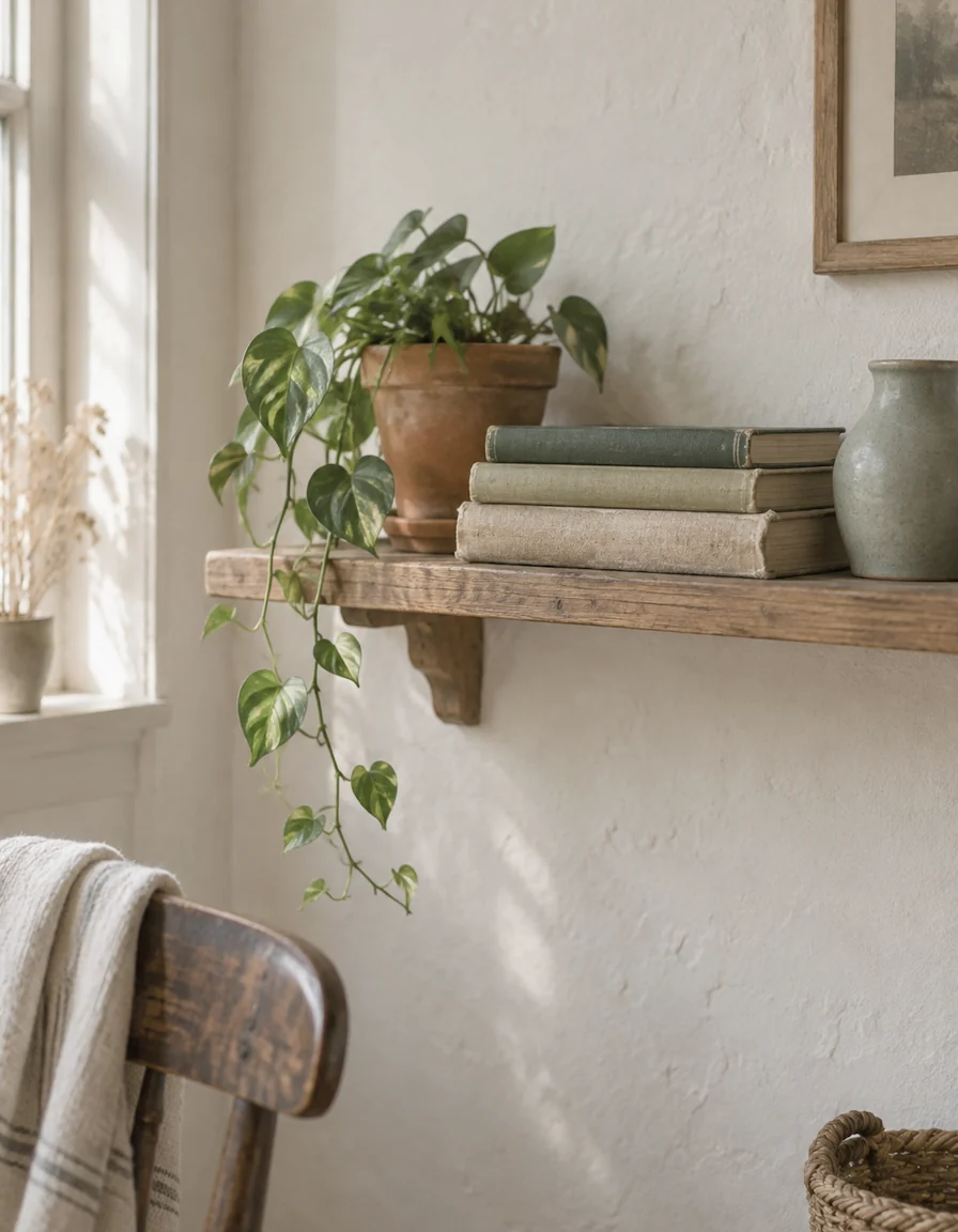 A simple wooden shelf with well-read books, a trailing plant and a sage ceramic vessel against a chalky wall