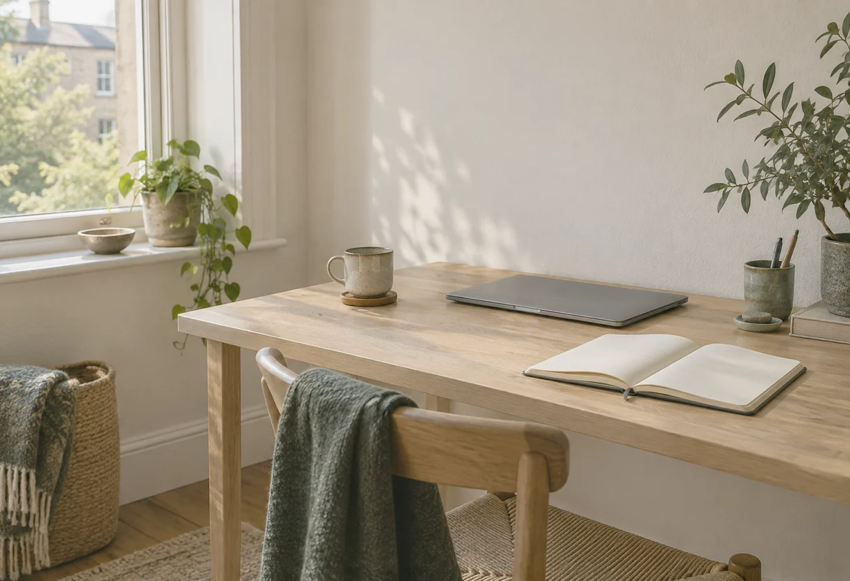 A calm home working corner with a pale oak table, closed laptop, open notebook and a plant by a window