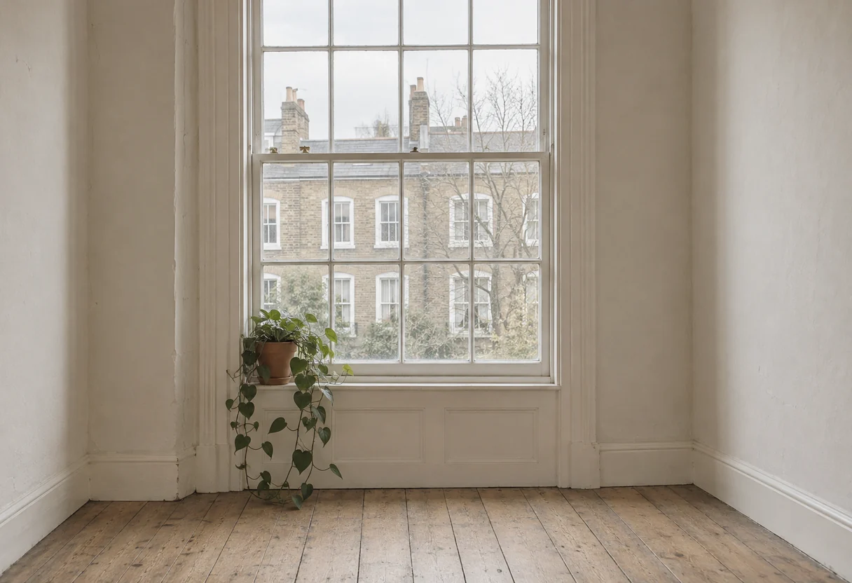 A tall sash window in an empty room with a trailing plant on the sill, soft daylight on bare floorboards