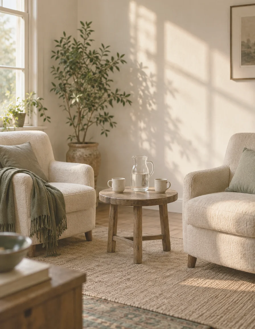 Two upholstered chairs turned slightly towards each other with a low wooden table between them