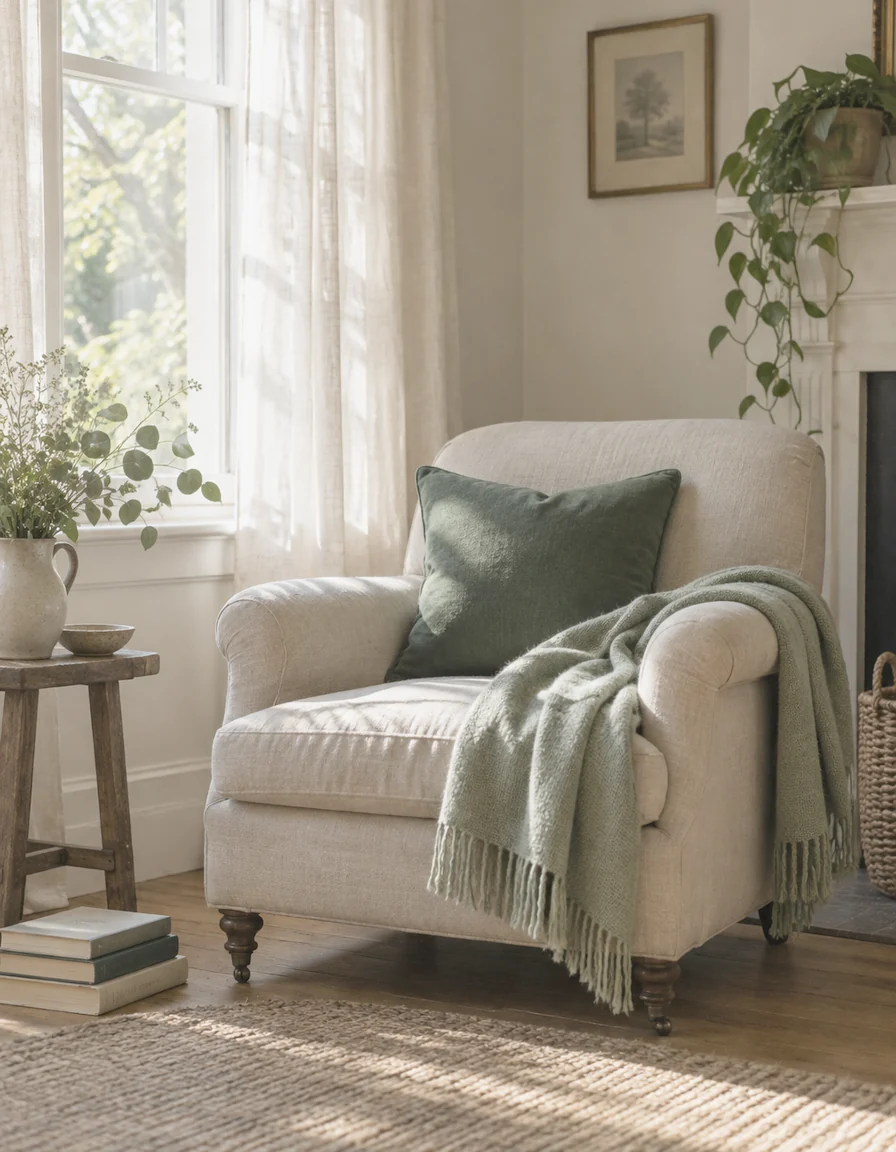 A soft armchair beside a window with a folded sage-green throw, morning light across a bare wall