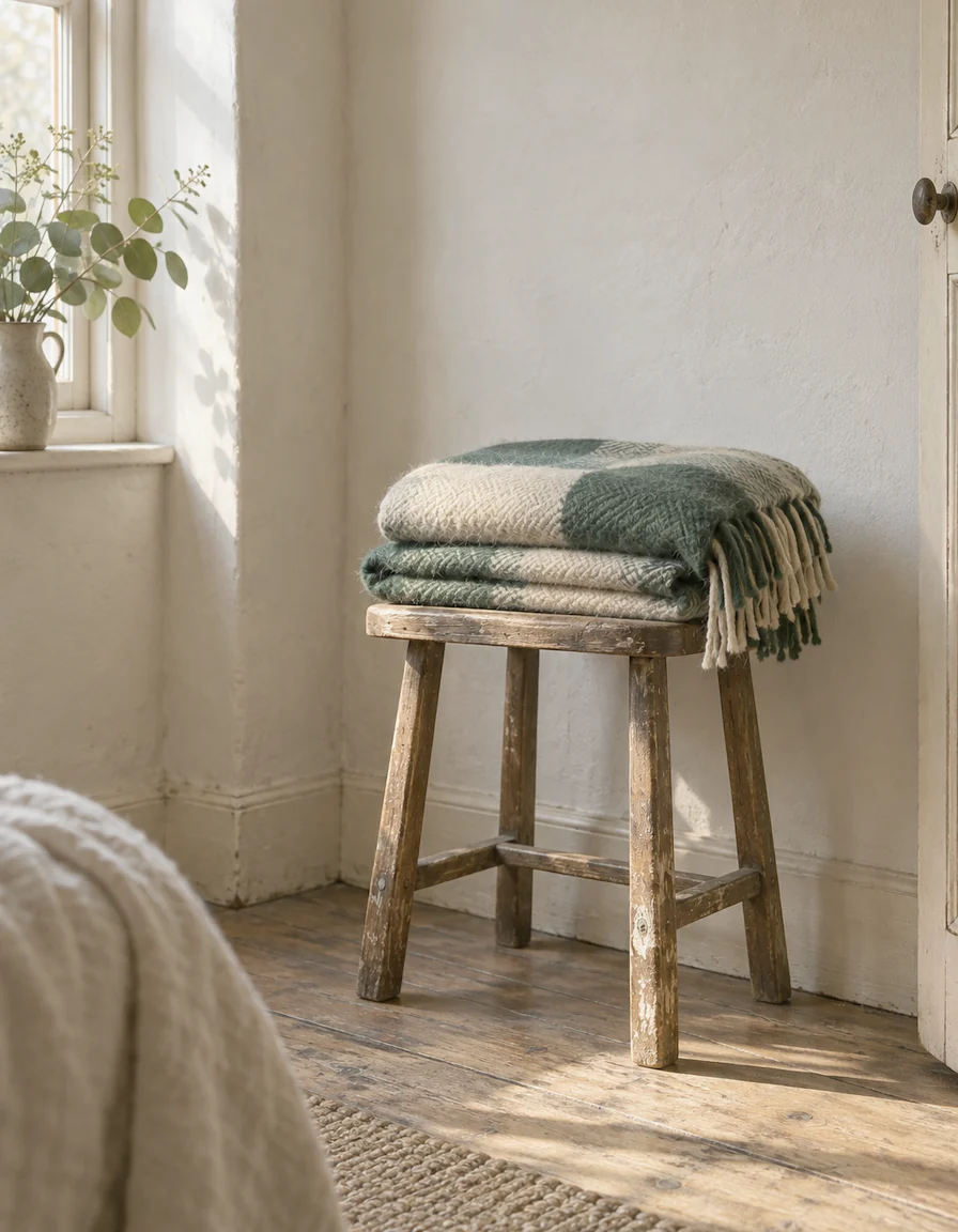 A worn wooden stool with a folded oatmeal and green woollen blanket, morning light on floorboards